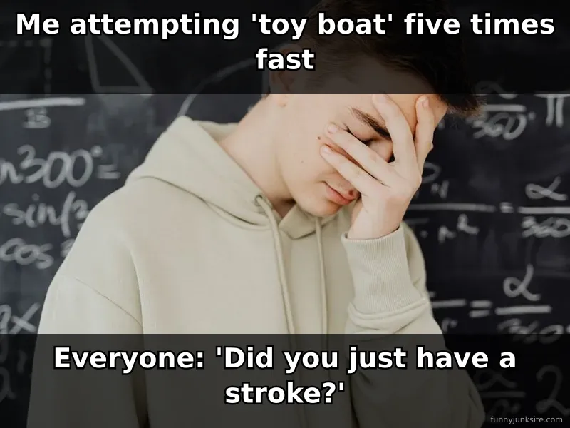 Tongue twister meme about failing to say 'toy boat' fast funny