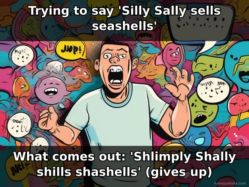 Funny tongue twister meme showing person struggling to pronounce silly sally seashells, comedic fail