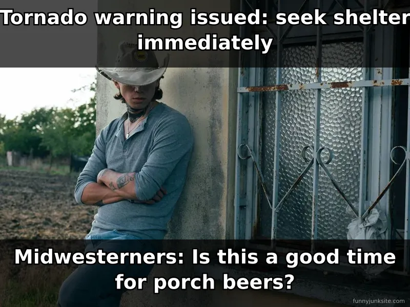 Tornado meme about Midwest residents ignoring weather warnings, funny regional humor
