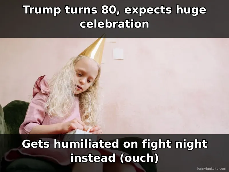 News meme about Trump's 80th birthday humiliation at boxing event, funny political humor