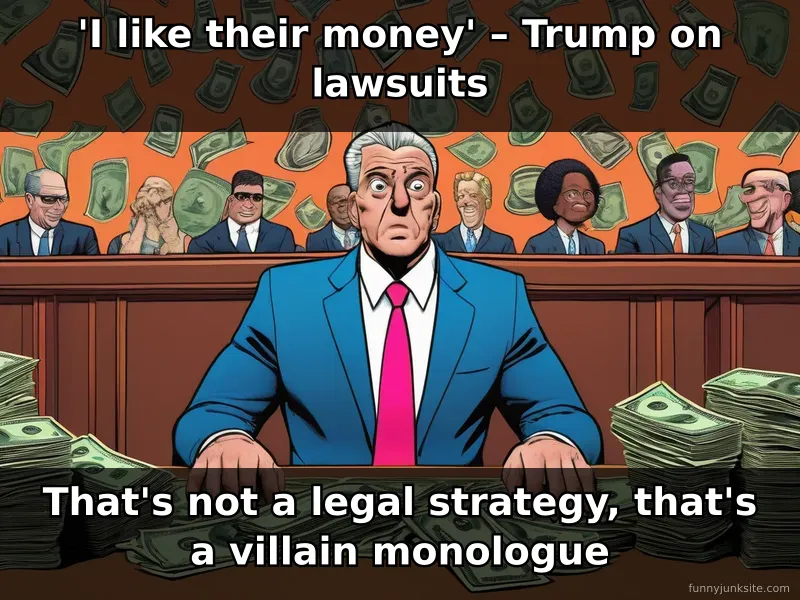 News meme about Trump lawsuit threat, funny commentary on liking money as legal justification.
