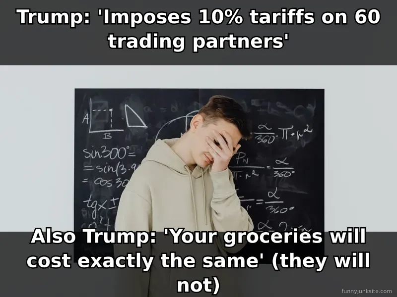 Political news meme about Trump tariffs on trading partners. Funny take on inflation math and economics confusion.
