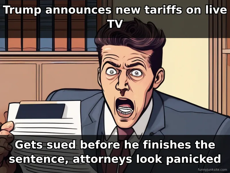 News meme: lawyers rushing with legal papers, panicked expressions. Funny tariff lawsuit meme.