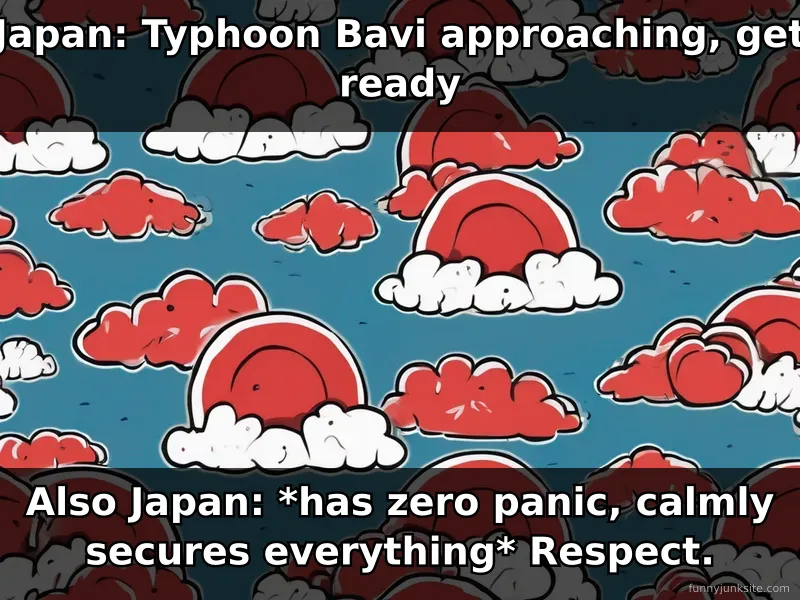 Funny news meme comparing typhoon alert panic to Japanese calm organized preparedness