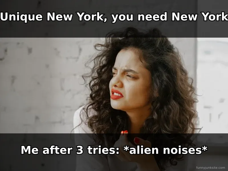 Tongue twister meme about failing to say 'Unique New York,' funny humor