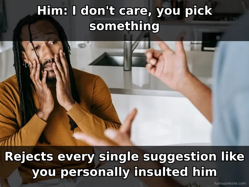 Relationship meme: confused couple at dinner table, couples meme about food decisions and boyfriend girlfriend arguments.