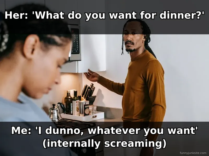 Meme of couple having awkward dinner conversation about food choices, funny relationship humor