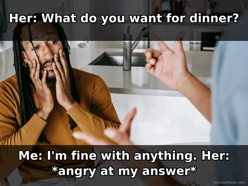 Relationship meme about couples arguing over dinner choices, funny boyfriend girlfriend humor about communication