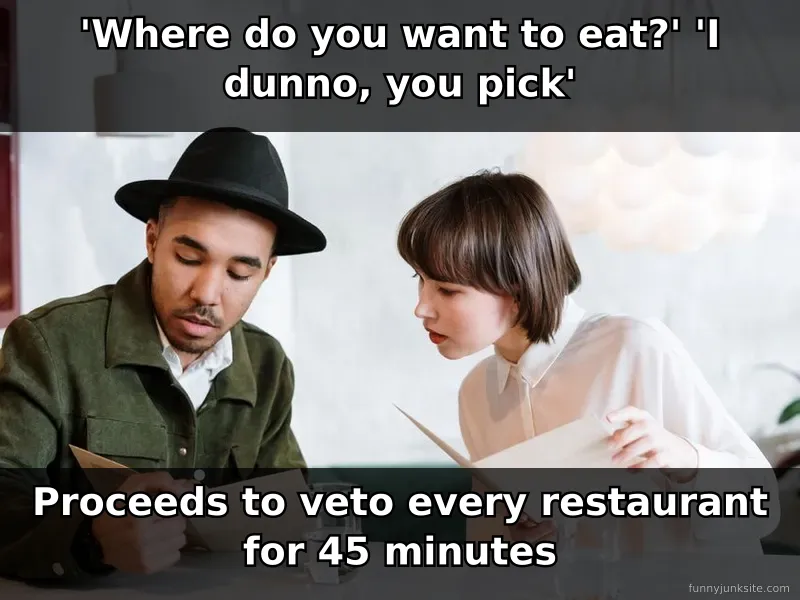 Frustrated couple at restaurant decision moment, funny relationship meme about choosing where to eat