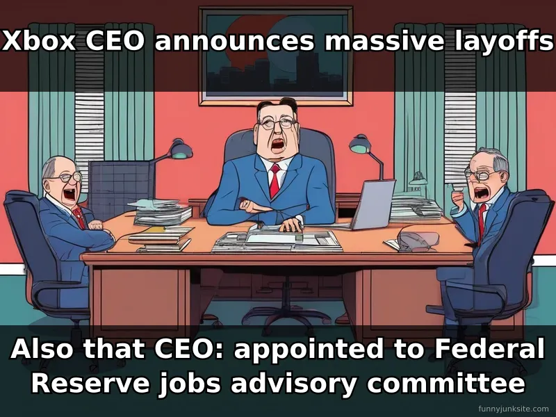 Ironic news meme about Xbox CEO advising Federal Reserve on jobs after mass layoffs