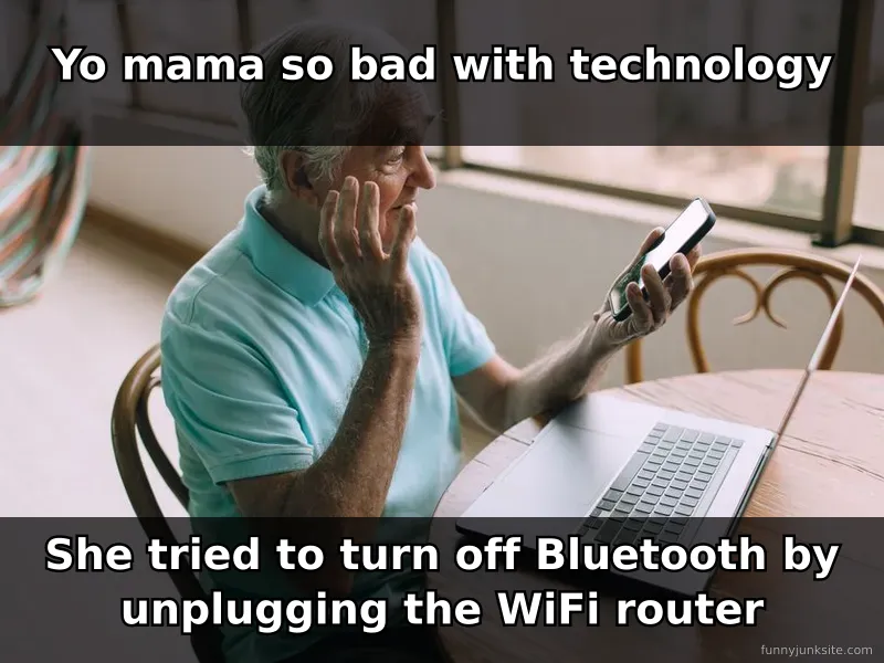 Classic yo mama joke meme about tech confusion. Family-friendly humor about older generations and WiFi mistakes.